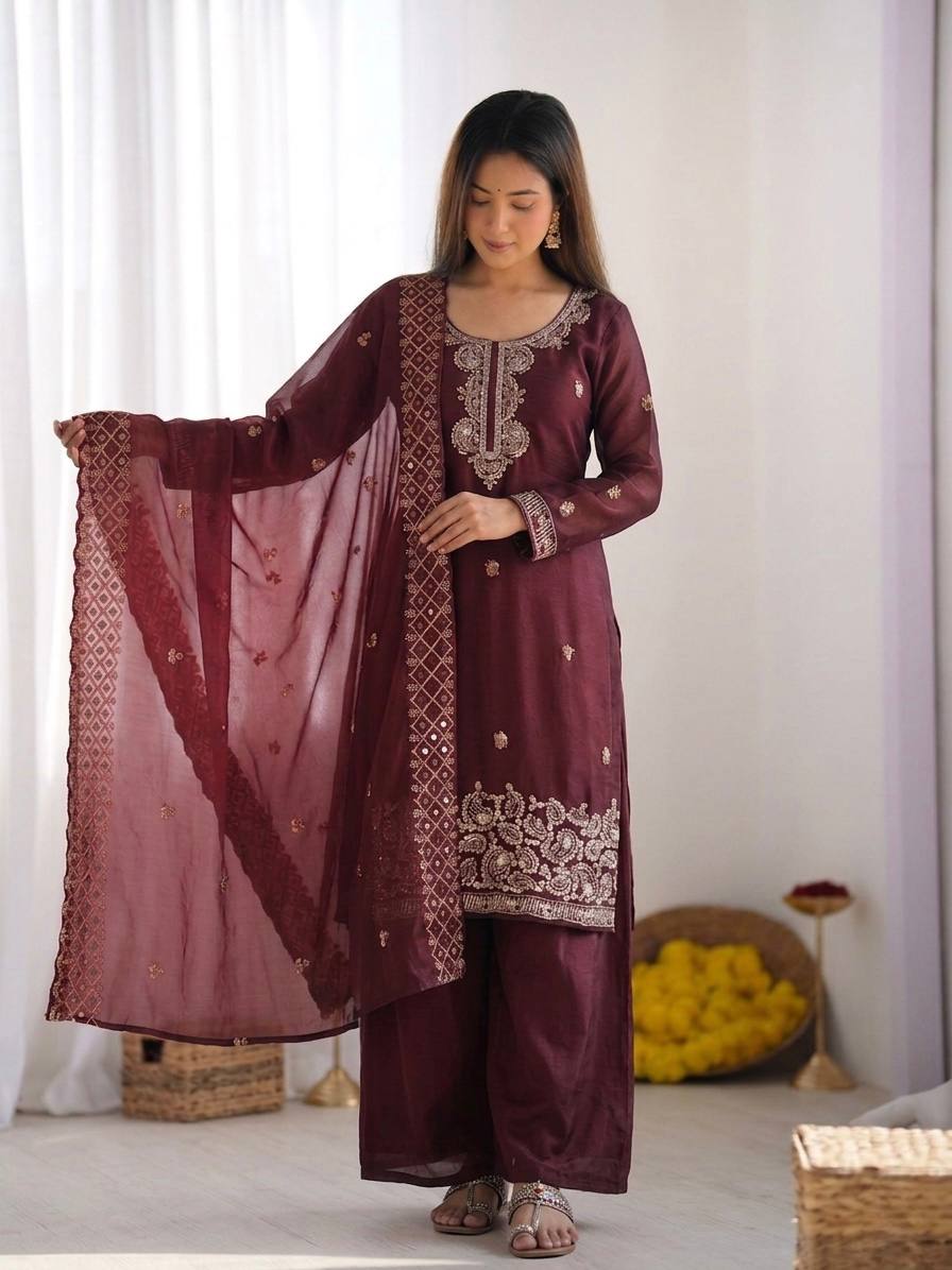 Beautiful Embroidery Beads Work Silk Wine Color Palazzo Suit
