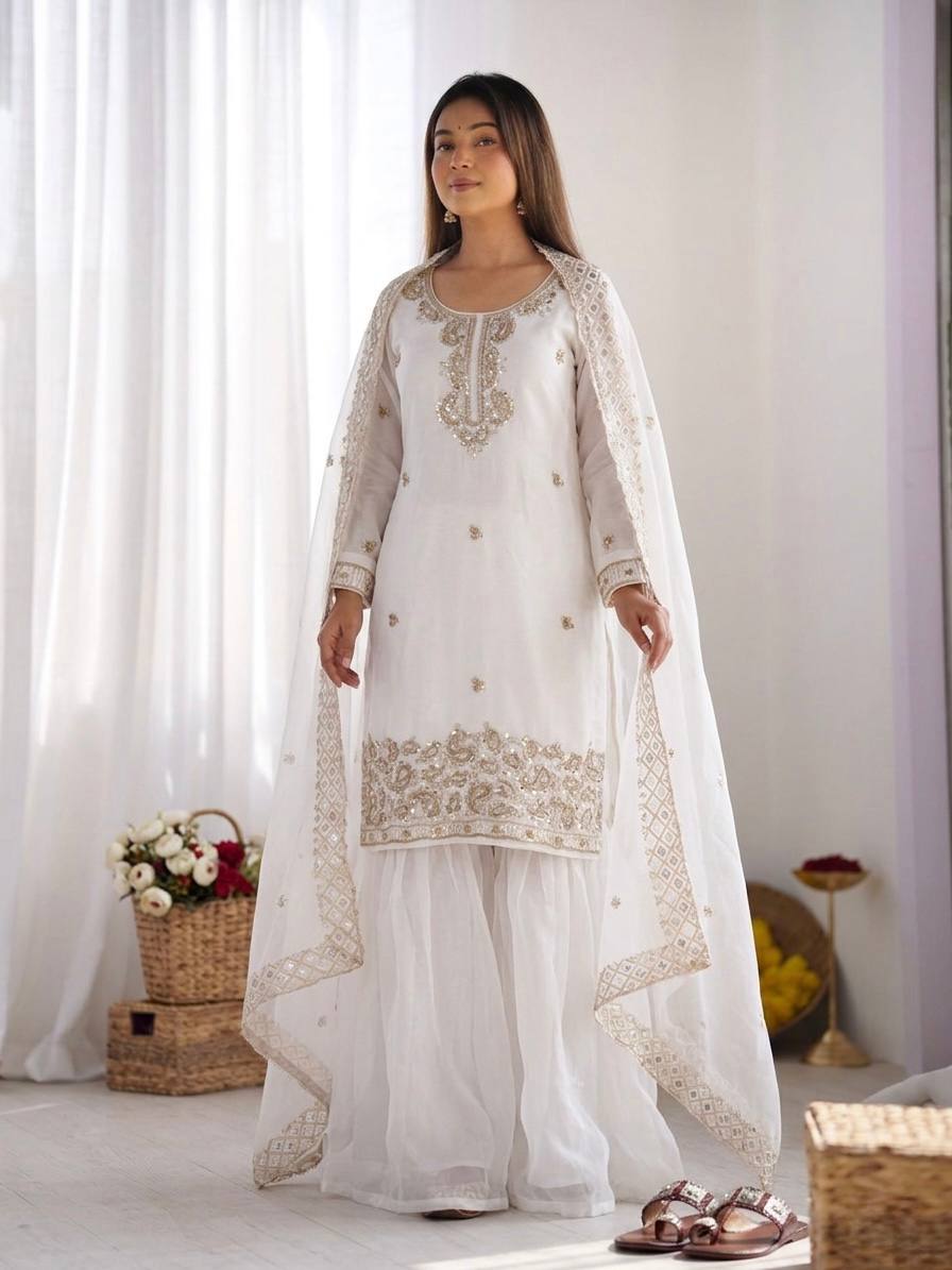 Beautiful Embroidery Beads Work Silk White Color Arti Chauhan Palazzo Suit