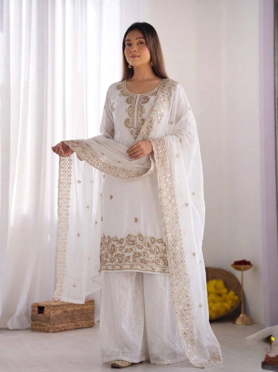 Beautiful Embroidery Beads Work Silk White Color Arti Chauhan Palazzo Suit