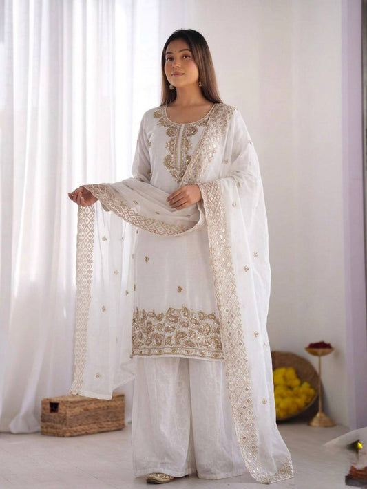 Beautiful Embroidery Beads Work Silk White Color Arti Chauhan Palazzo Suit