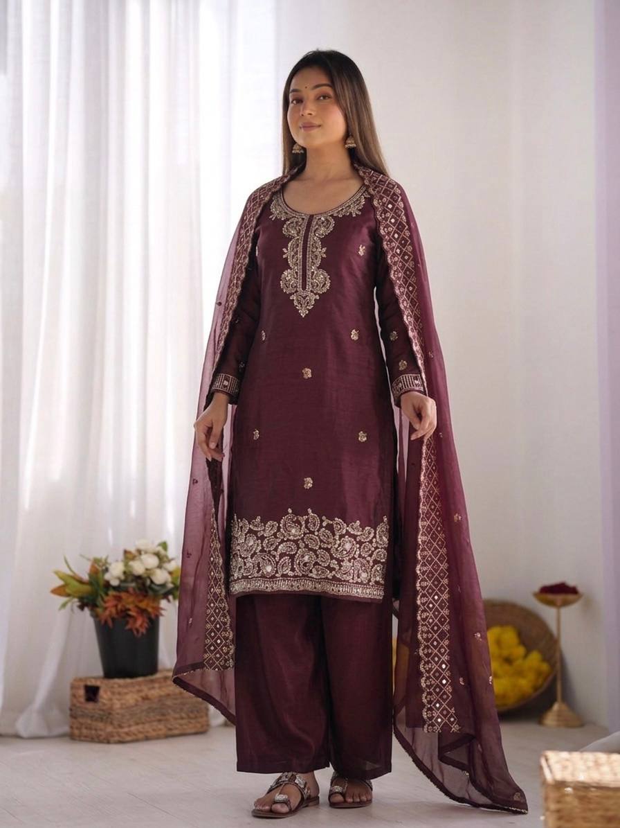 Beautiful Embroidery Beads Work Silk Wine Color Palazzo Suit