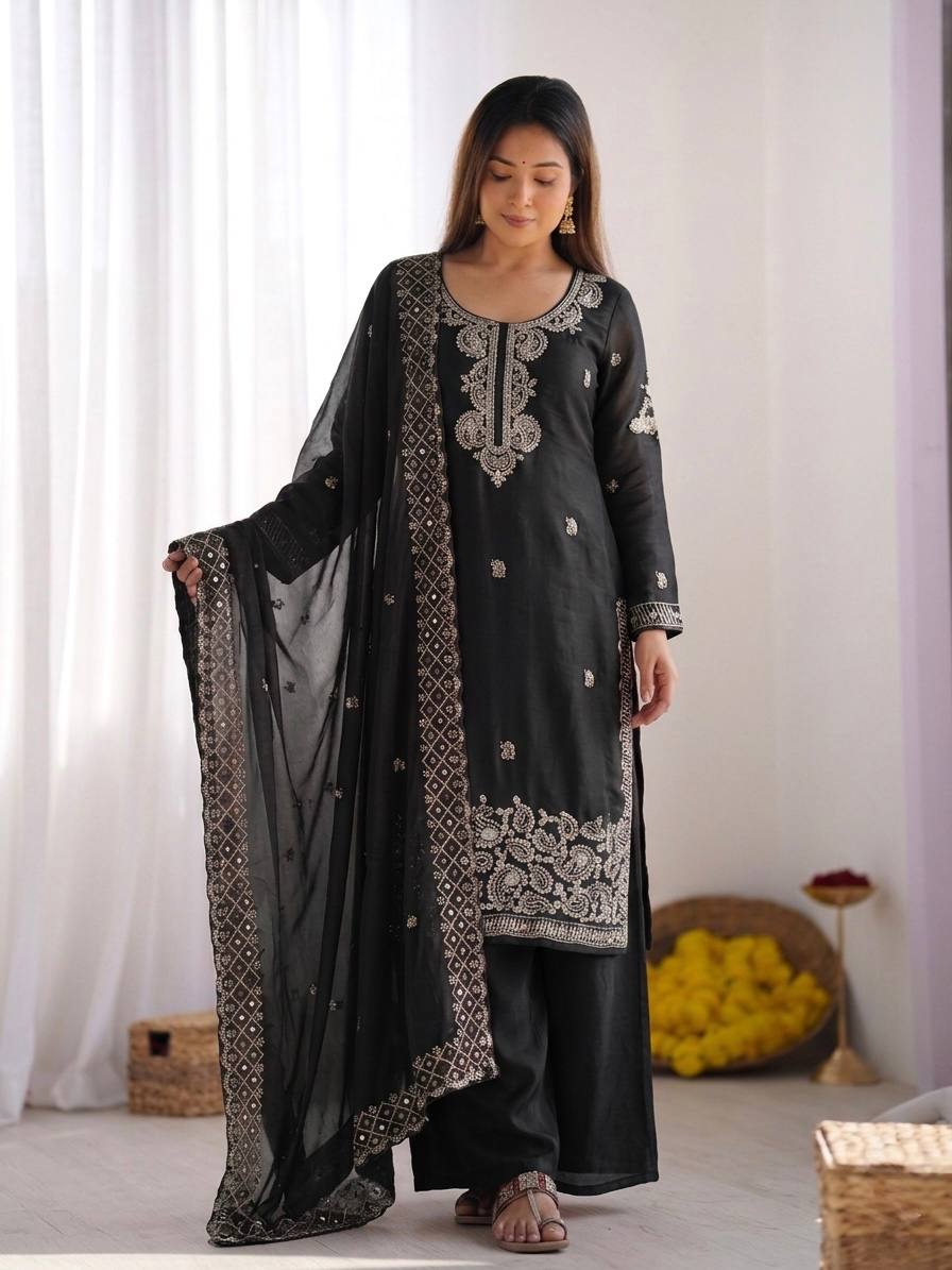Beautiful Embroidery Beads Work Silk Black Color Arti Chauhan Palazzo Suit