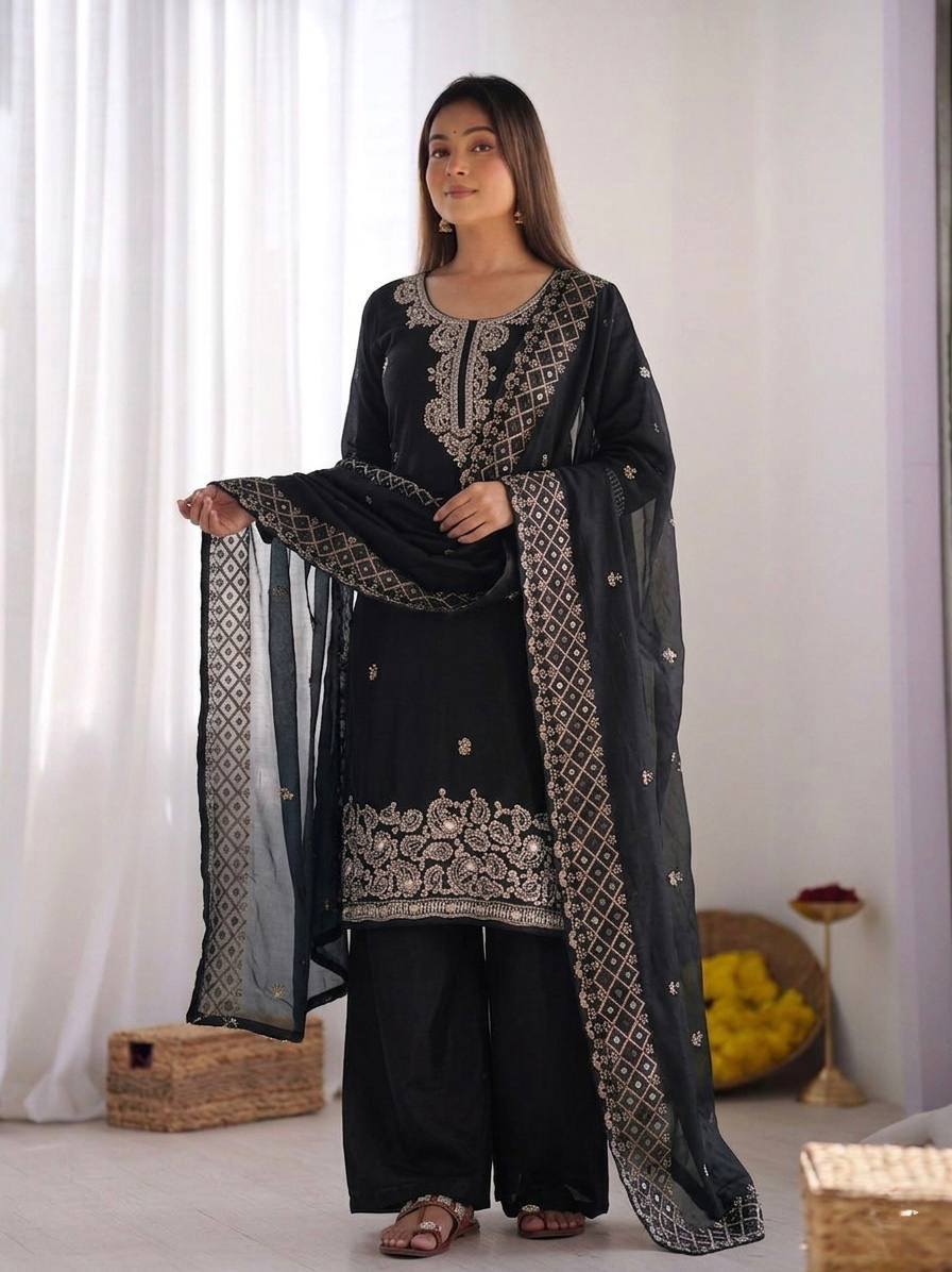 Beautiful Embroidery Beads Work Silk Black Color Arti Chauhan Palazzo Suit