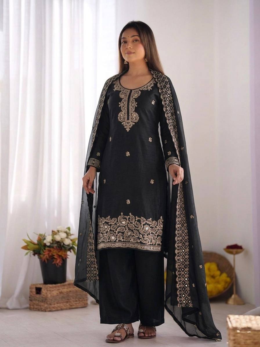 Beautiful Embroidery Beads Work Silk Black Color Arti Chauhan Palazzo Suit