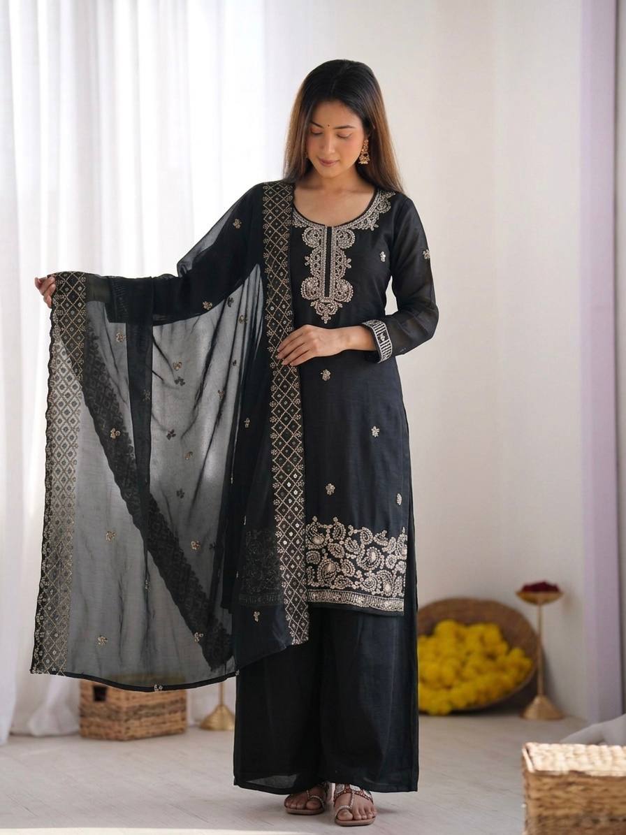 Beautiful Embroidery Beads Work Silk Black Color Arti Chauhan Palazzo Suit