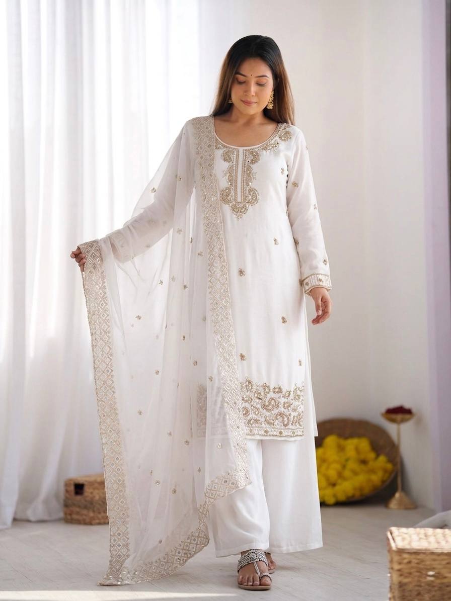 Beautiful Embroidery Beads Work Silk White Color Arti Chauhan Palazzo Suit