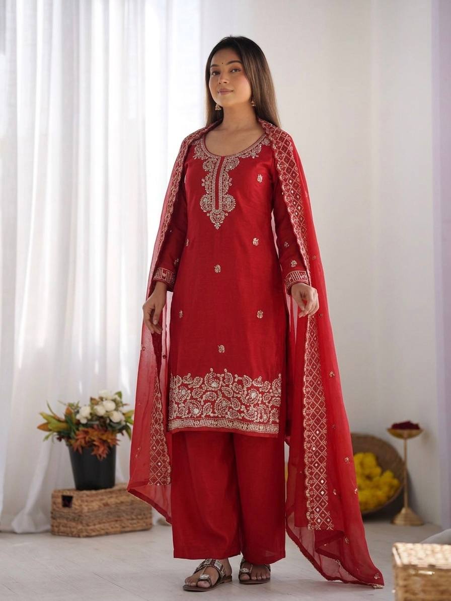 Beautiful Embroidery Beads Work Silk Red Color Arti Chauhan Palazzo Suit