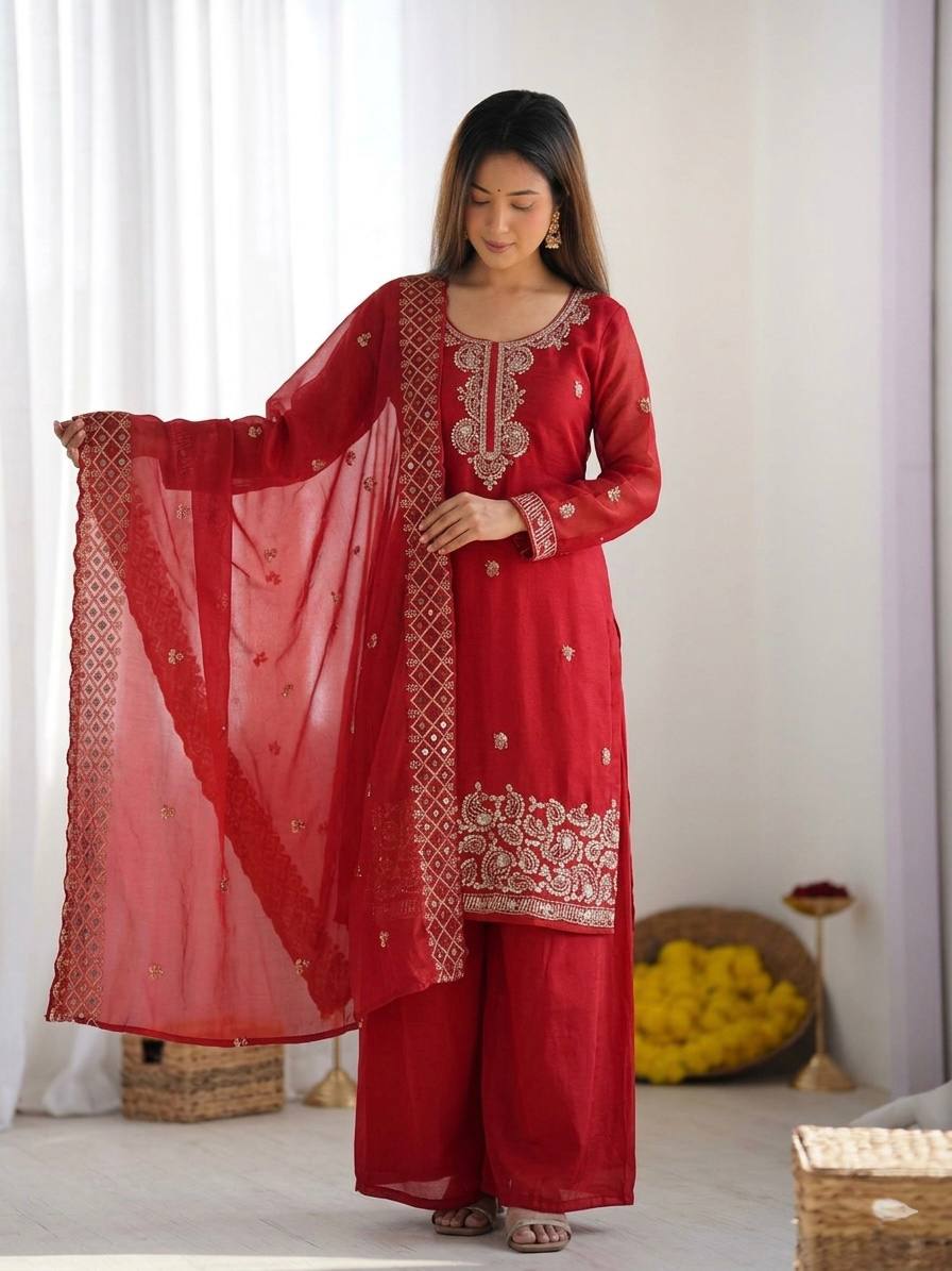 Beautiful Embroidery Beads Work Silk Red Color Arti Chauhan Palazzo Suit