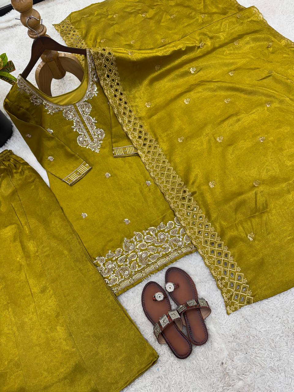 Beautiful Embroidery Beads Work Silk Green Color Palazzo Suit