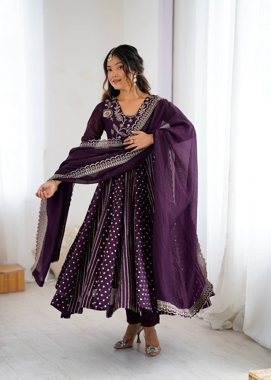 Wine Color Embroidered Designer Gown For Women