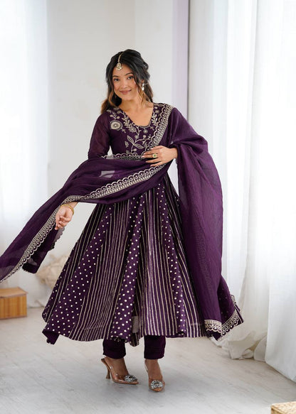 Wine Color Embroidered Designer Gown For Women