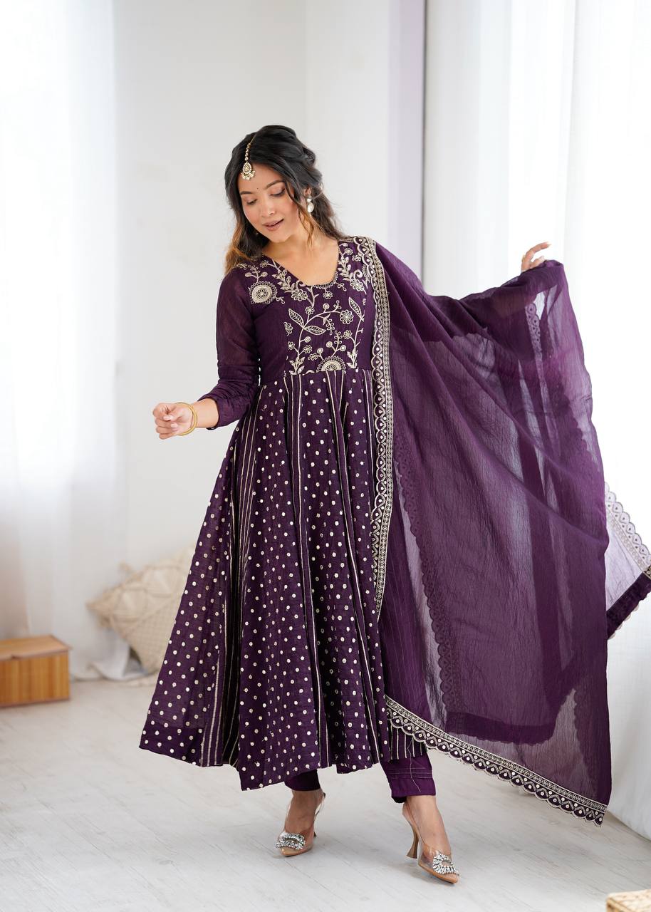 Wine Color Embroidered Designer Gown For Women