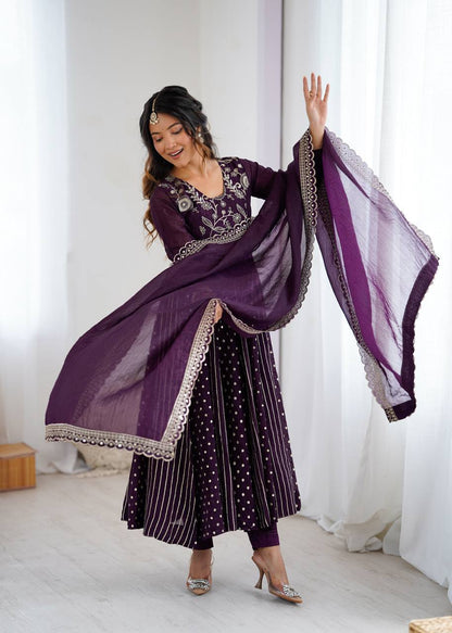 Wine Color Embroidered Designer Gown For Women