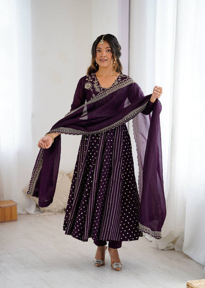 Wine Color Embroidered Designer Gown For Women