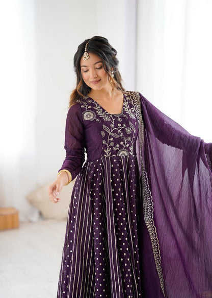 Wine Color Embroidered Designer Gown For Women