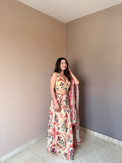 Outstanding Beige Color Floral Printed Lehenga Choli