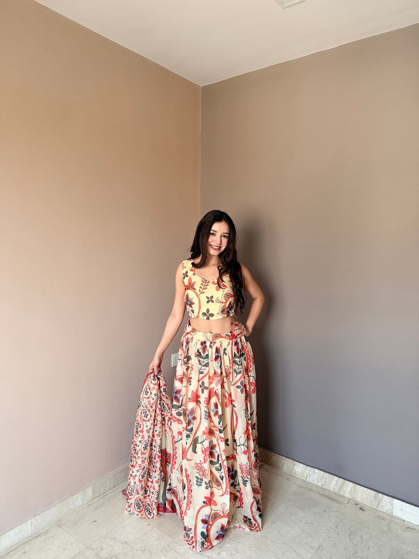 Outstanding Beige Color Floral Printed Lehenga Choli