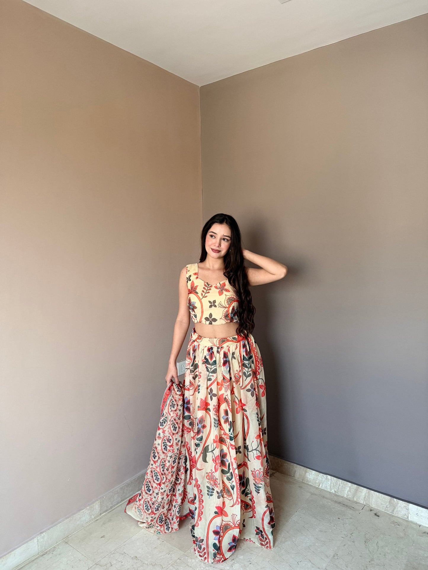 Outstanding Beige Color Floral Printed Lehenga Choli