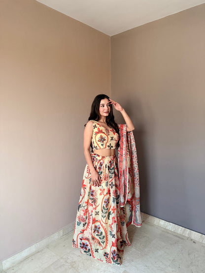 Outstanding Beige Color Floral Printed Lehenga Choli