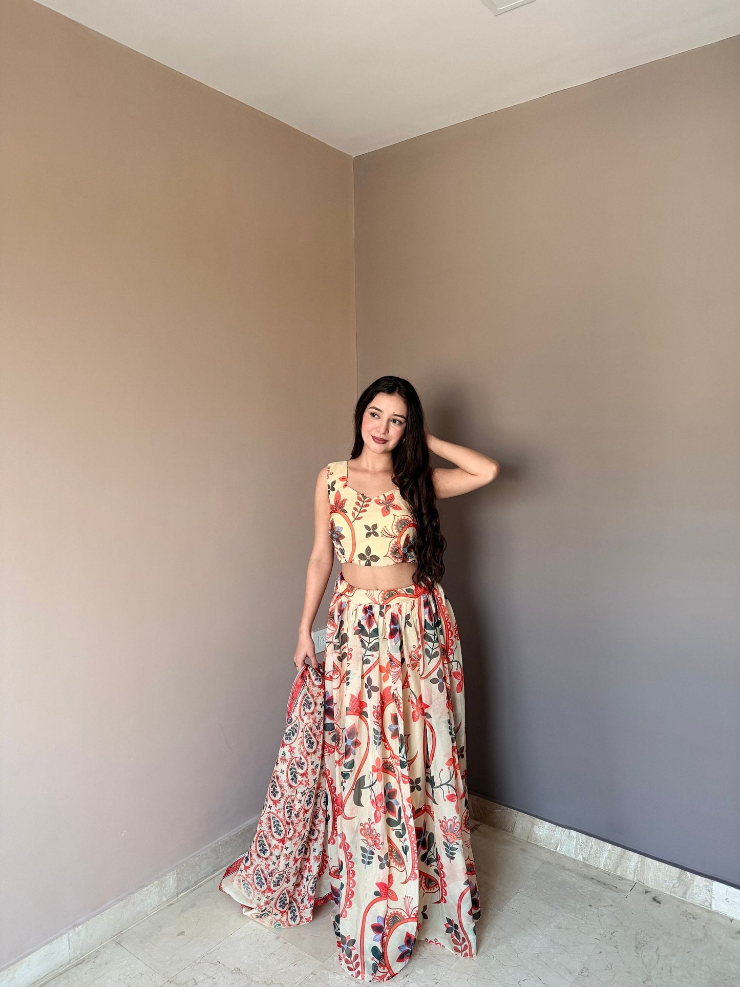 Outstanding Beige Color Floral Printed Lehenga Choli
