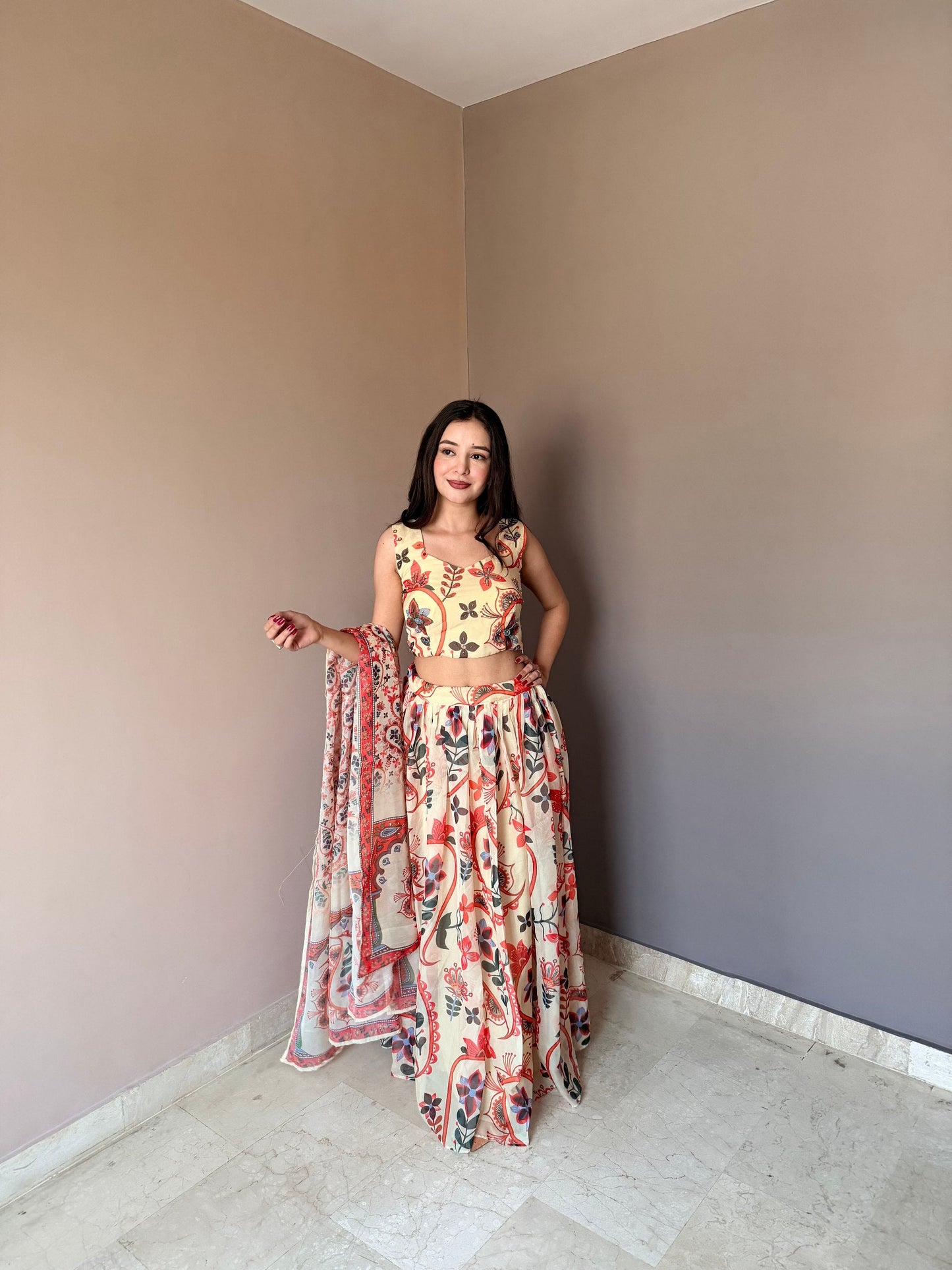 Outstanding Beige Color Floral Printed Lehenga Choli