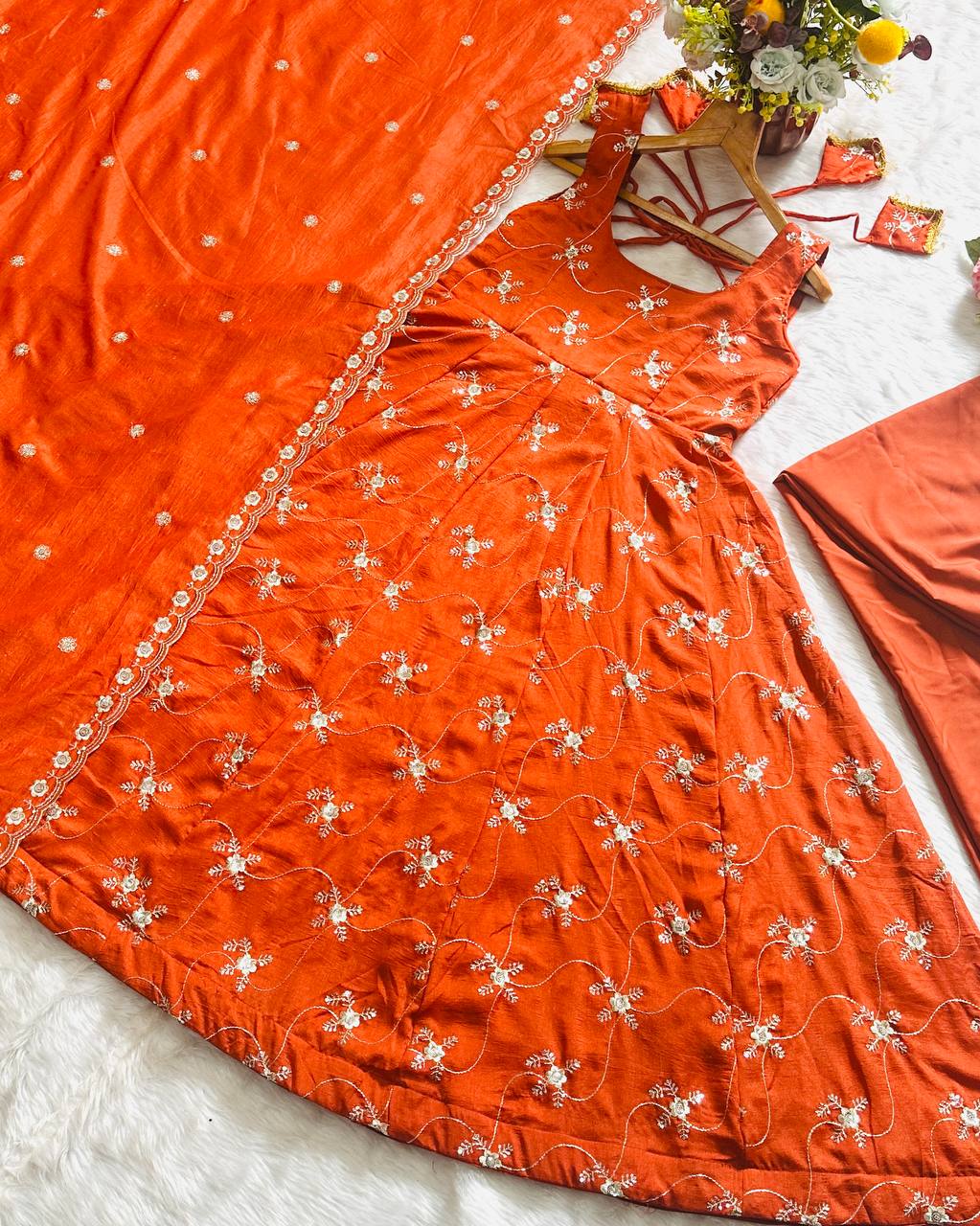 Radiant Elegance Orange Embroidered Designer Anarkali Suit Set