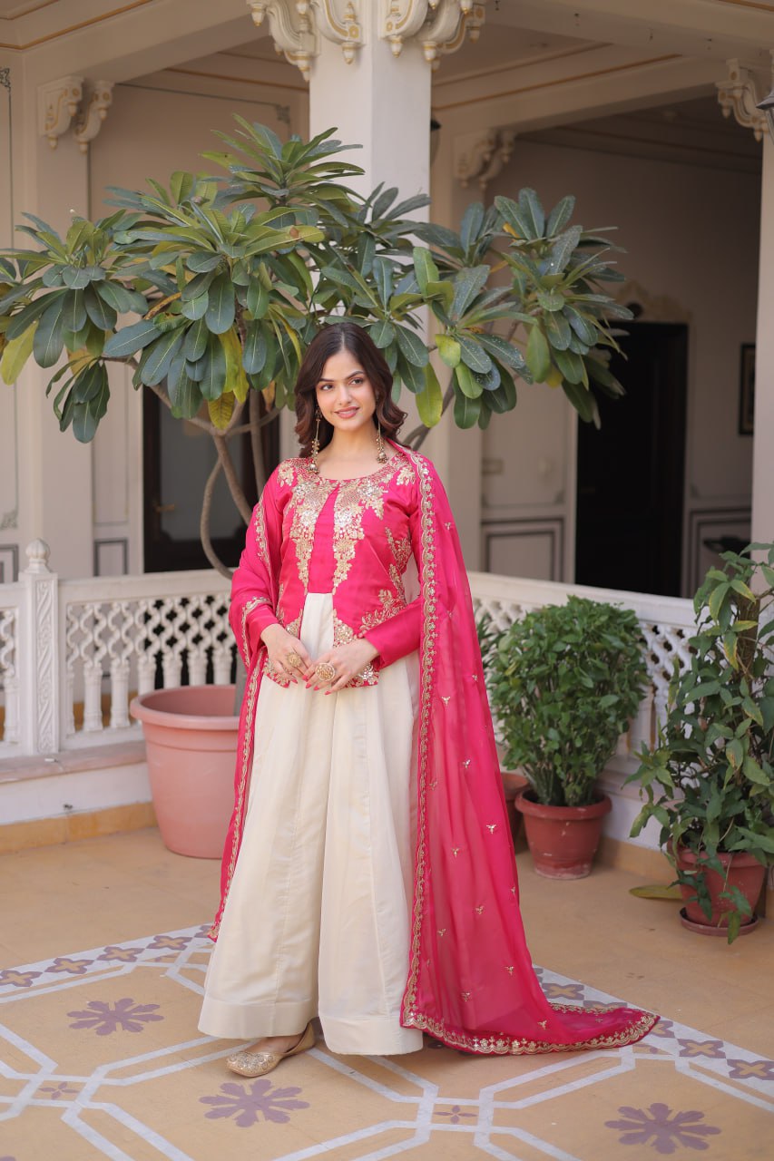 Occasion Wear Pink And White Color Embroidered Sequence Designer Gown