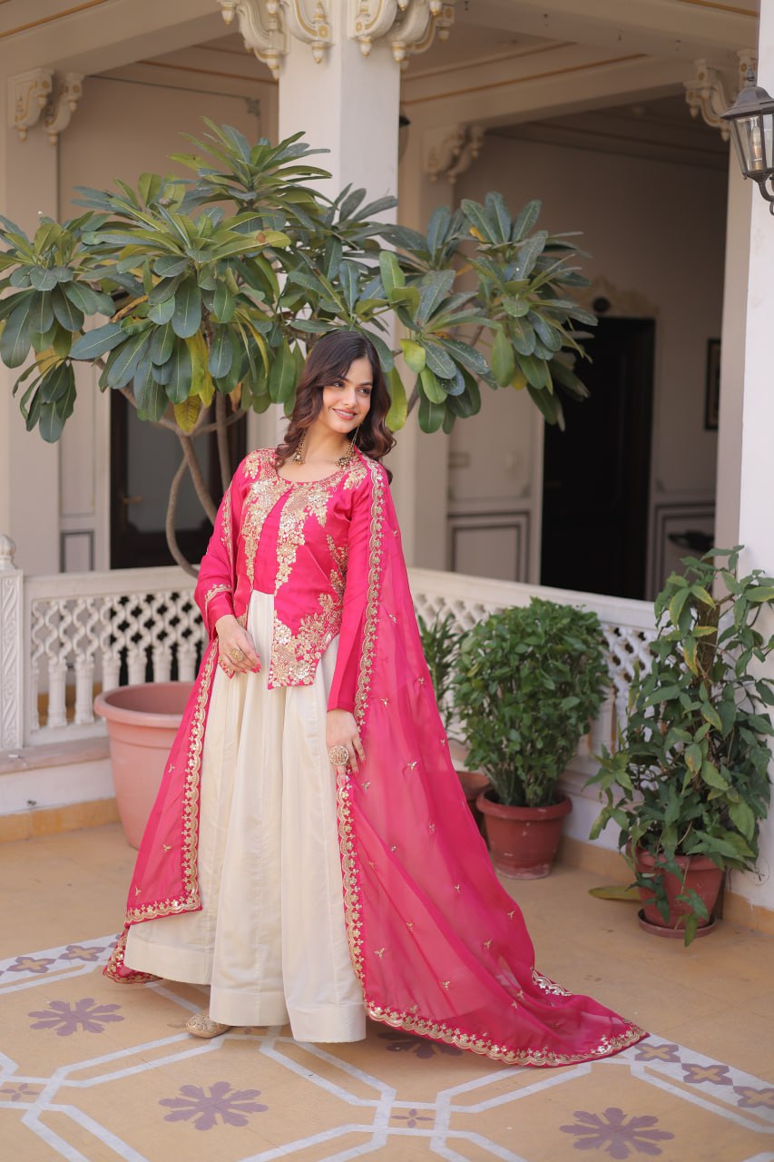 Occasion Wear Pink And White Color Embroidered Sequence Designer Gown