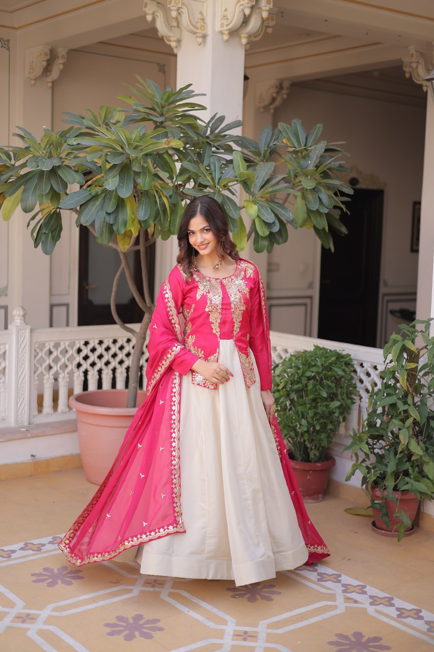 Occasion Wear Pink And White Color Embroidered Sequence Designer Gown