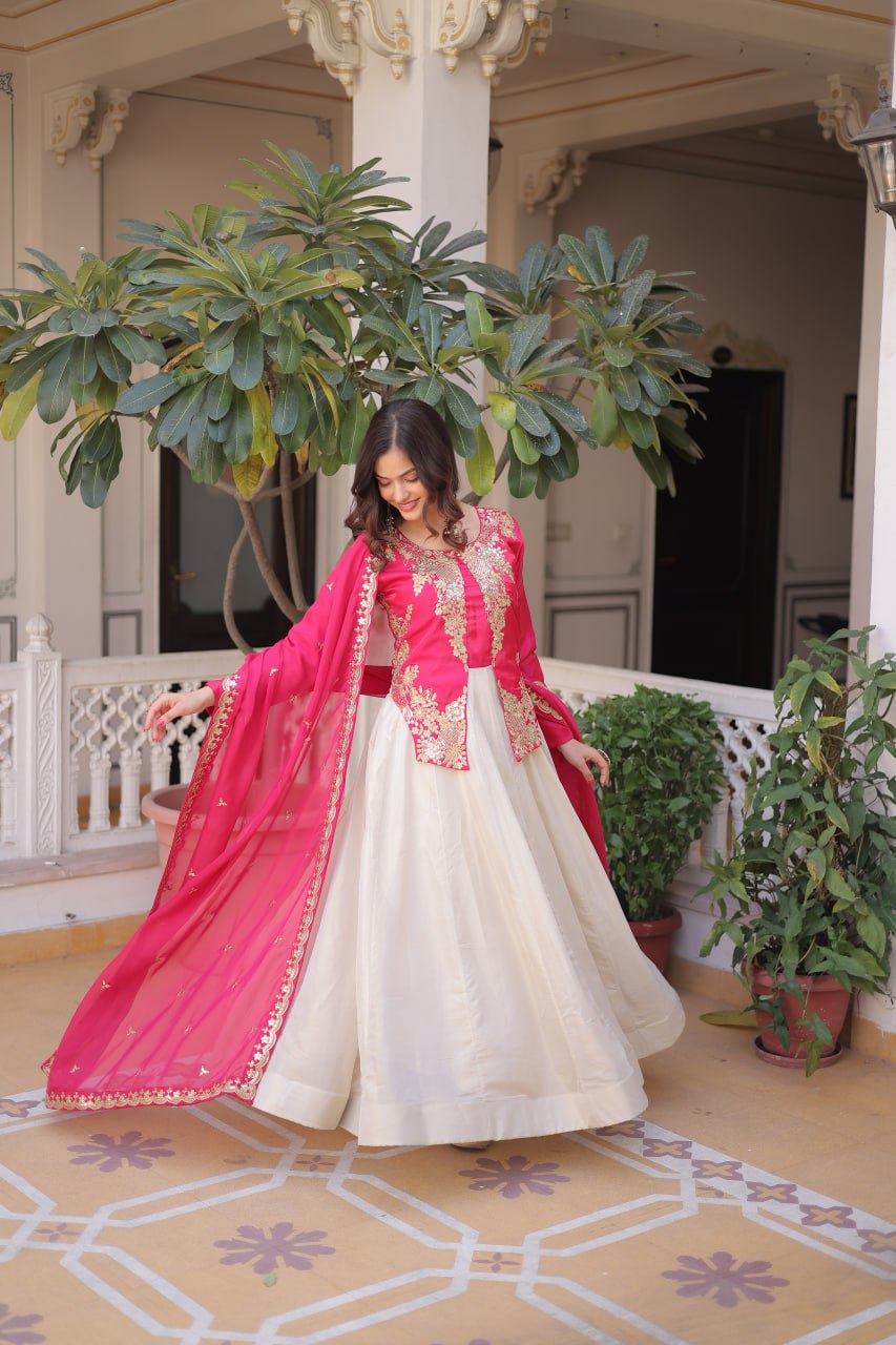 Occasion Wear Pink And White Color Embroidered Sequence Designer Gown