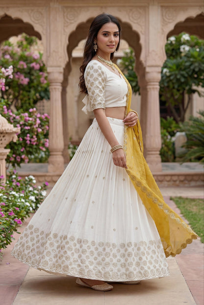 Luxuriant Mustard Color Embroidered With Sequence Work Lehenga Choli