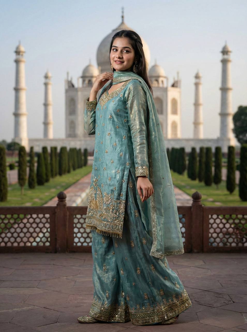 Ceremony Wear Sky Blue Color Fendy Silk Embroidered Sharara Set