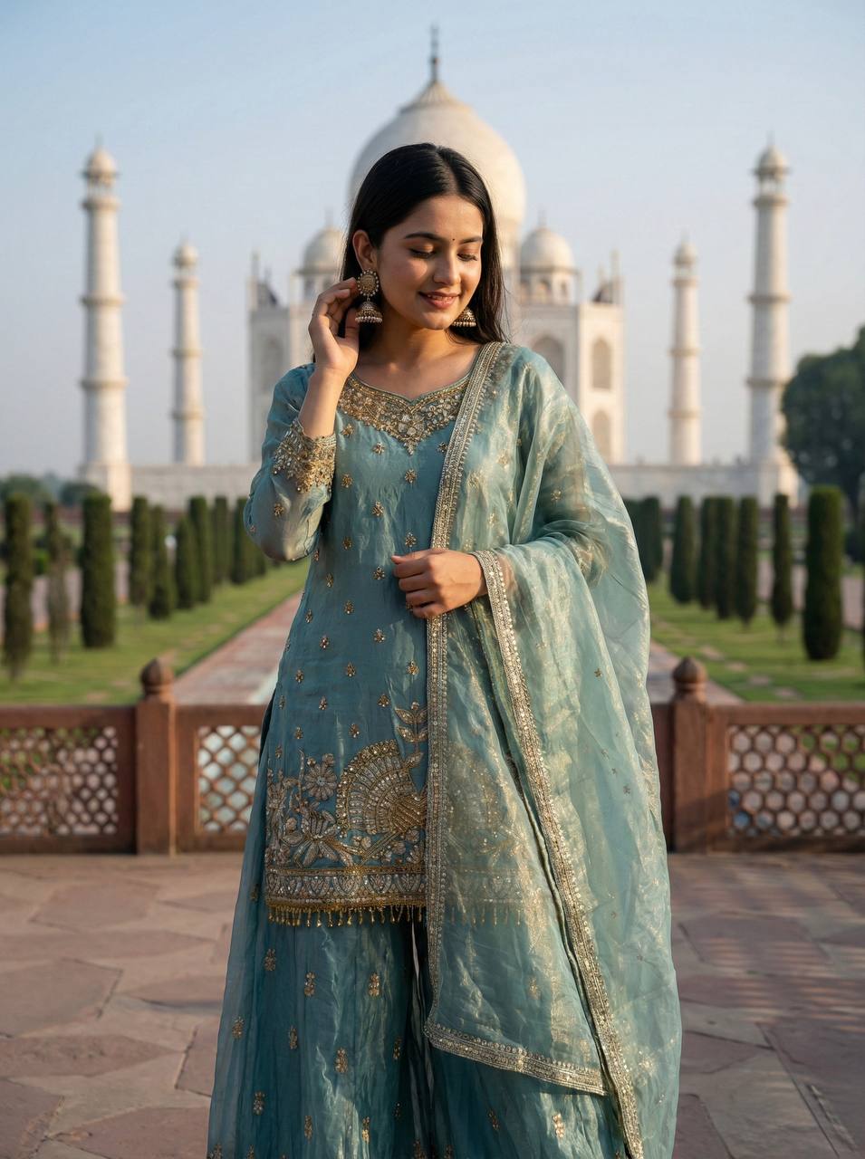 Ceremony Wear Sky Blue Color Fendy Silk Embroidered Sharara Set