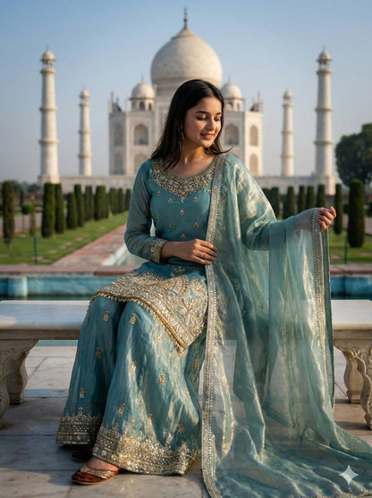 Ceremony Wear Sky Blue Color Fendy Silk Embroidered Sharara Set