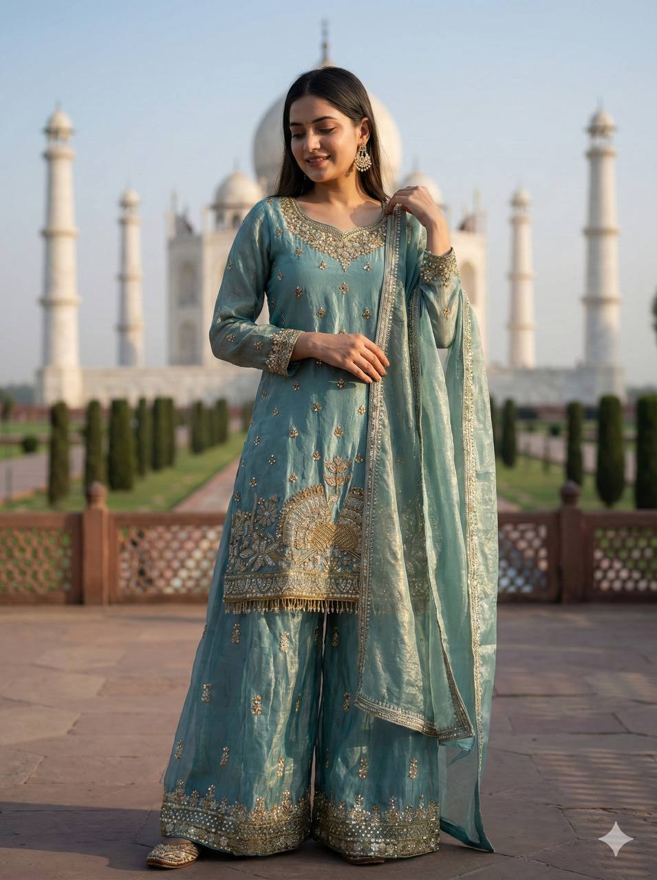Ceremony Wear Sky Blue Color Fendy Silk Embroidered Sharara Set