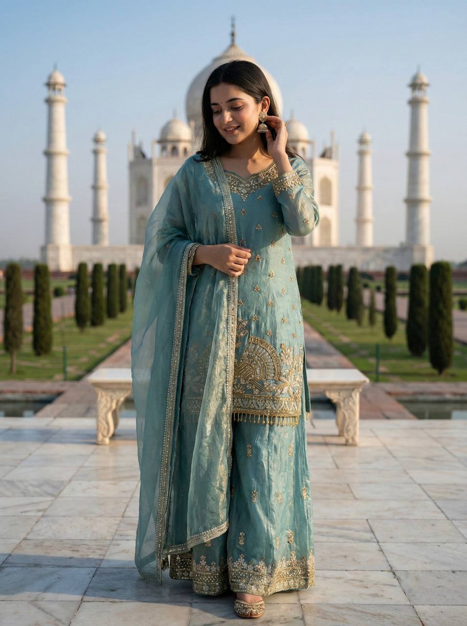 Ceremony Wear Sky Blue Color Fendy Silk Embroidered Sharara Set