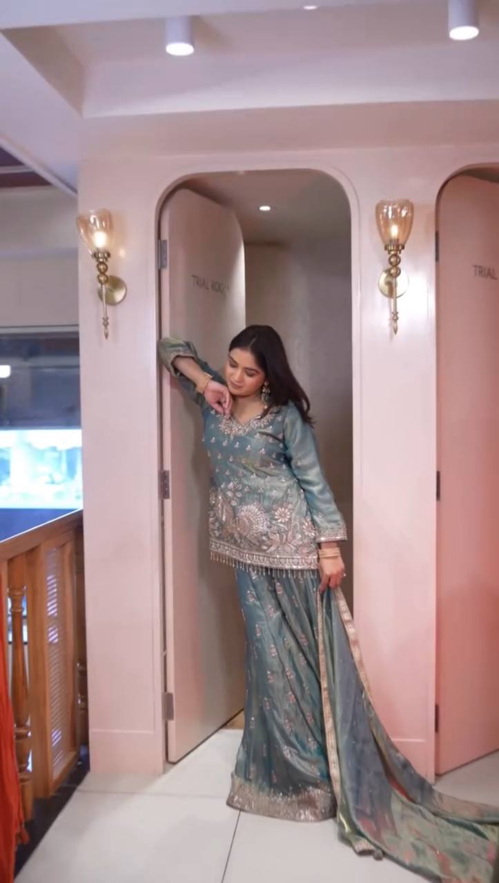 Ceremony Wear Sky Blue Color Fendy Silk Embroidered Sharara Set