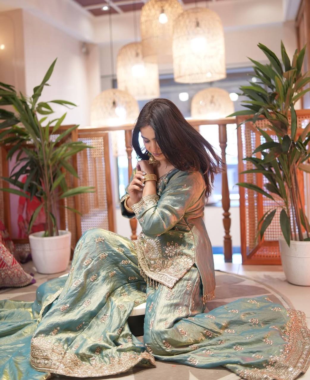Ceremony Wear Sky Blue Color Fendy Silk Embroidered Sharara Set