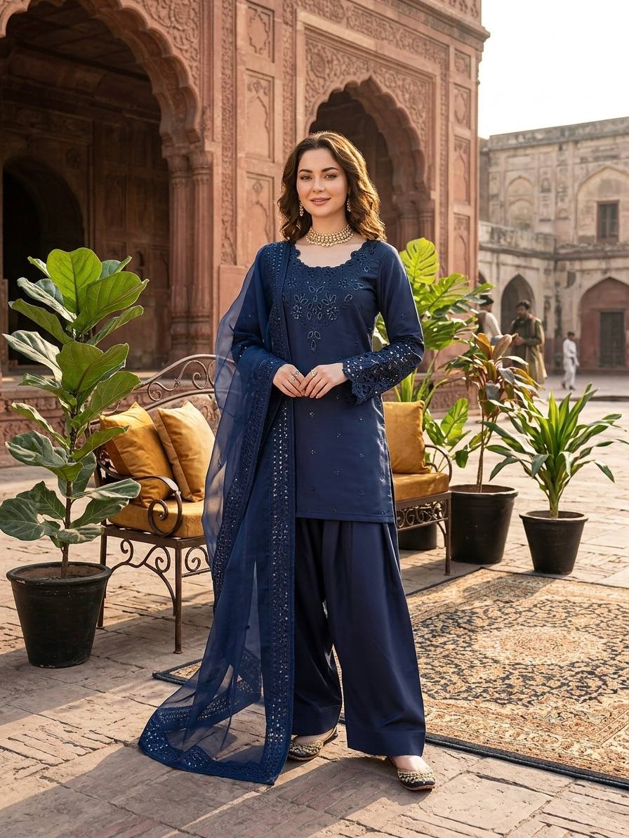 Hania Amir Wear Navy Blue Color Natural Crepe Farshi Salwar Suit