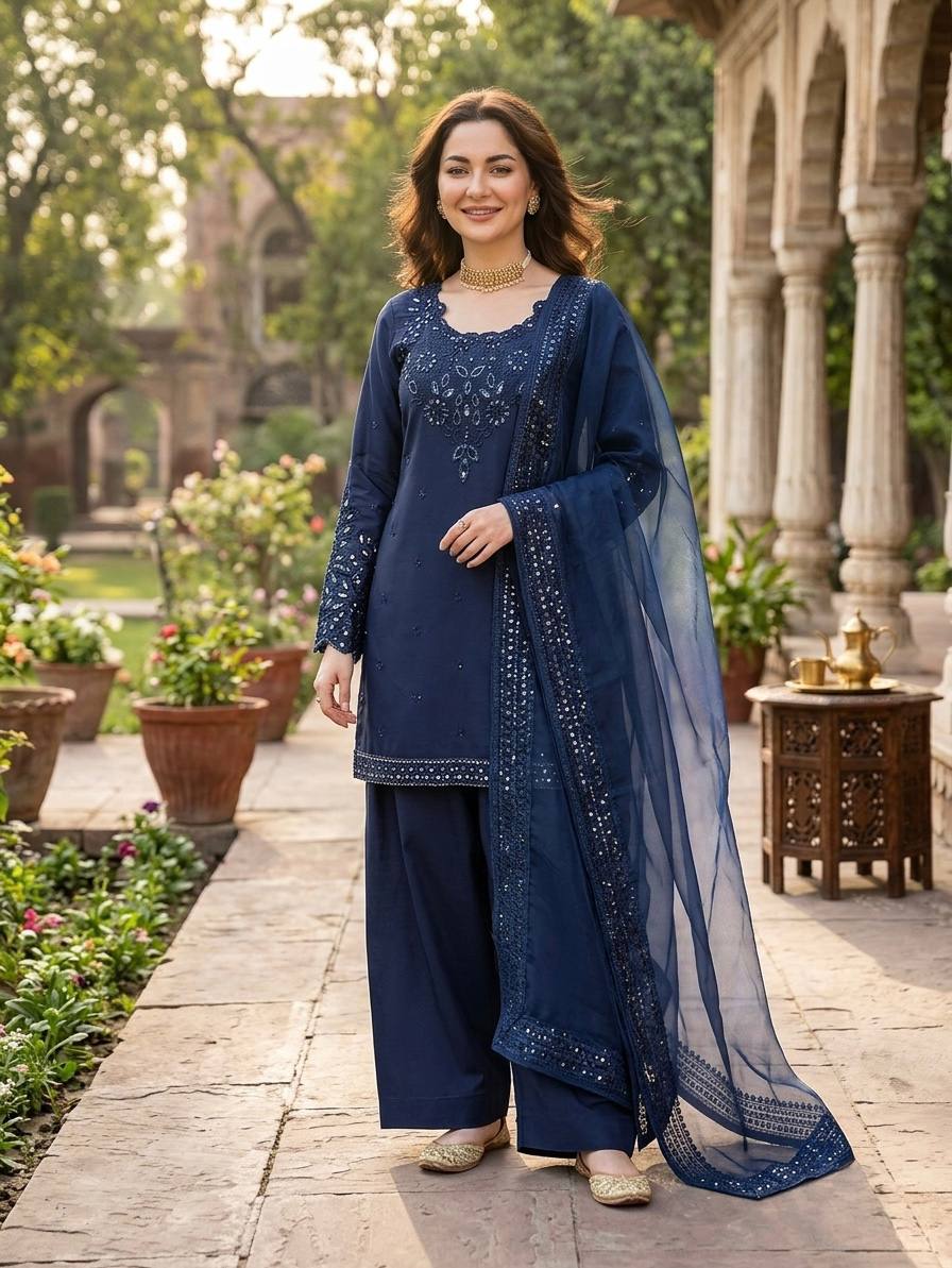 Hania Amir Wear Navy Blue Color Natural Crepe Farshi Salwar Suit