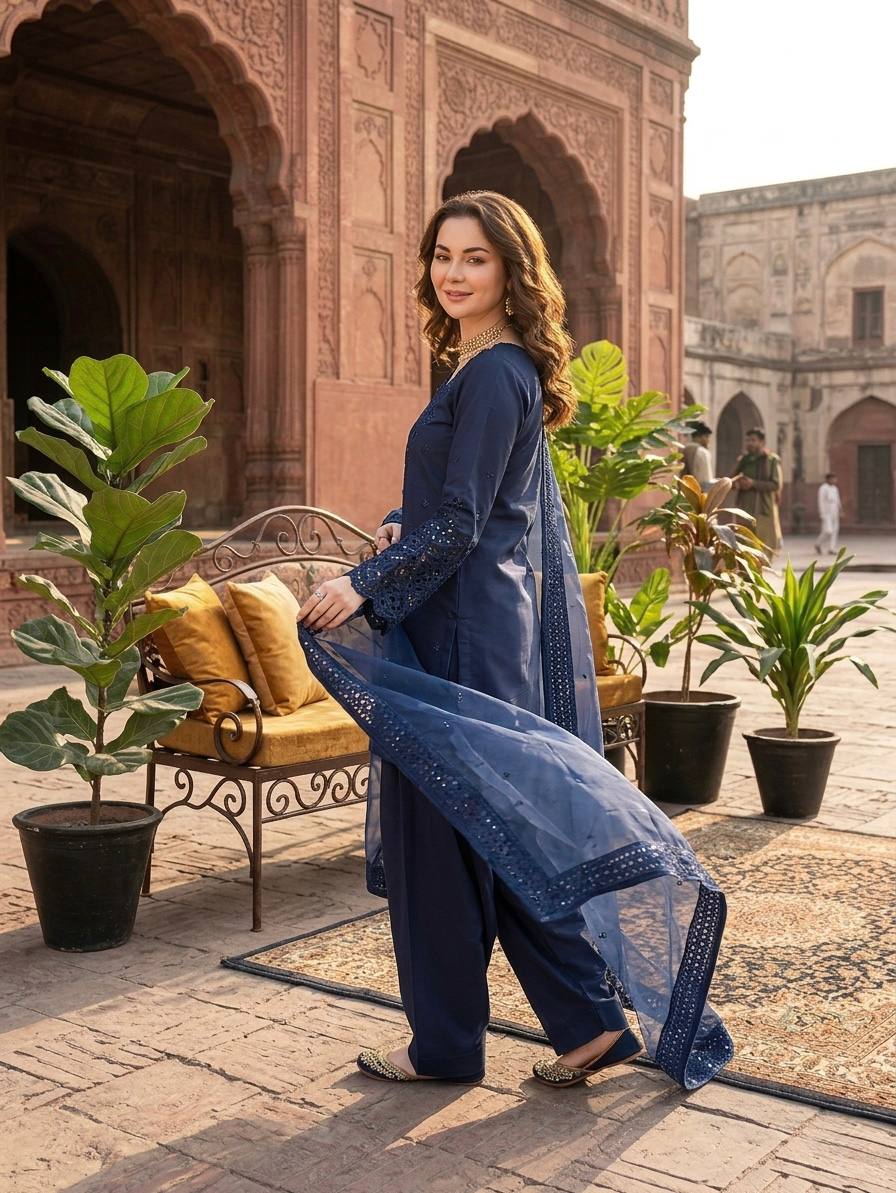 Hania Amir Wear Navy Blue Color Natural Crepe Farshi Salwar Suit