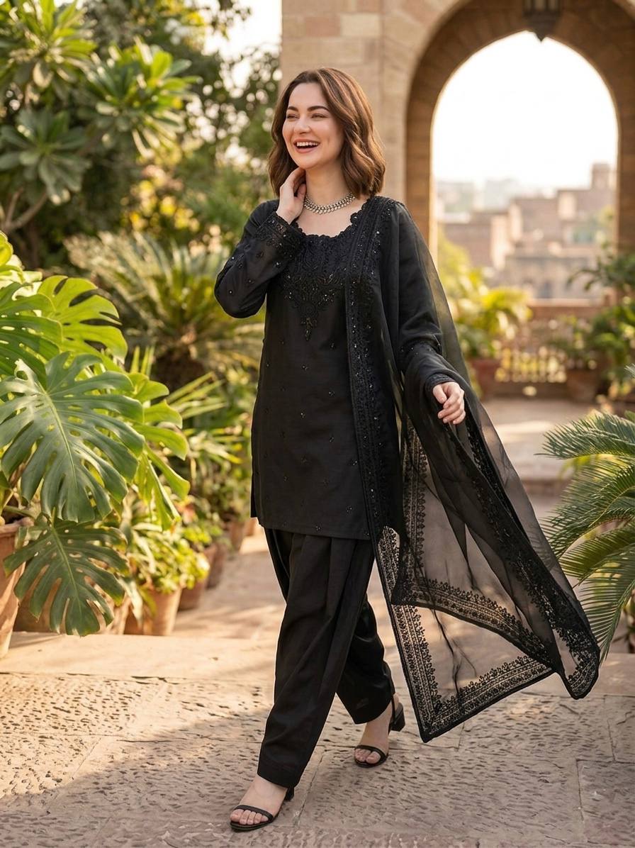 Hania Amir Wear Back Color Natural Crepe Farshi Salwar Suit