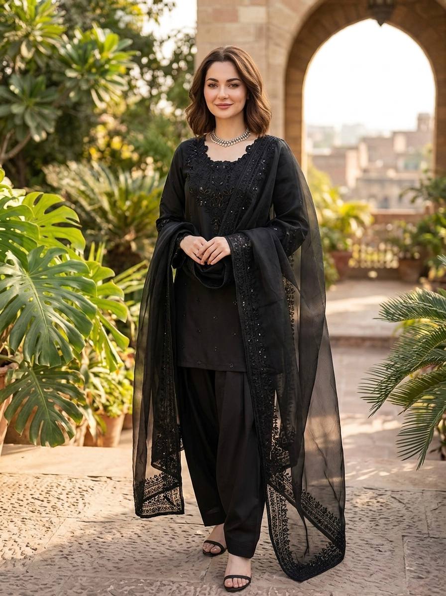 Hania Amir Wear Back Color Natural Crepe Farshi Salwar Suit