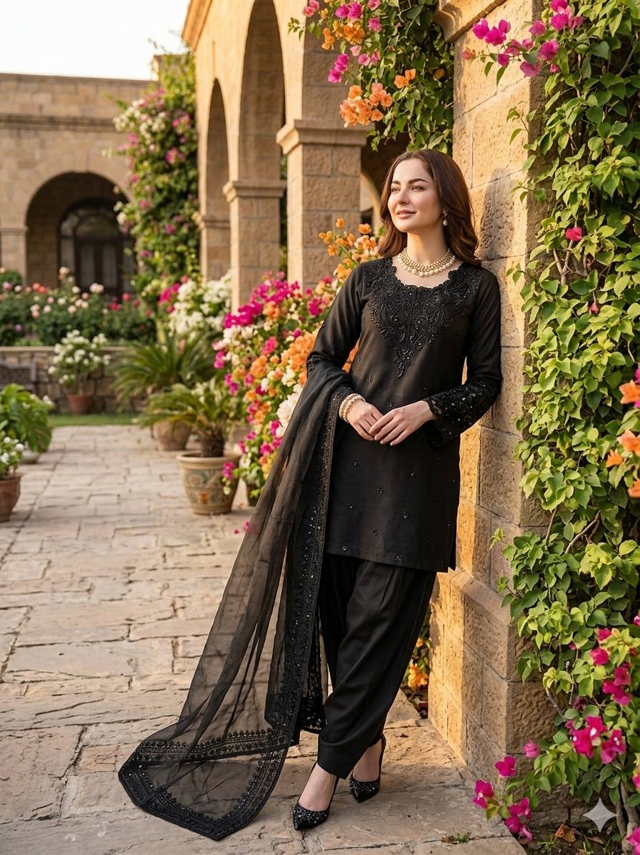 Hania Amir Wear Back Color Natural Crepe Farshi Salwar Suit