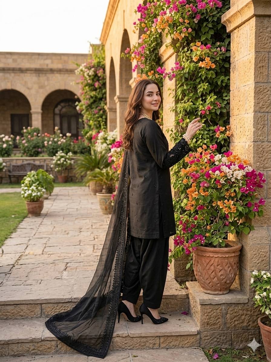 Hania Amir Wear Back Color Natural Crepe Farshi Salwar Suit
