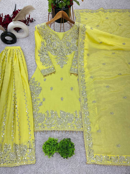Party Wear Lemon Yellow Color Heavy Chinon Silk With Heavy Embroidery Sequence Work Sharara Suit