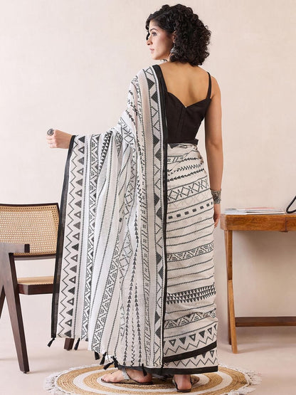 Precious White Color Printed Saree With Blouse