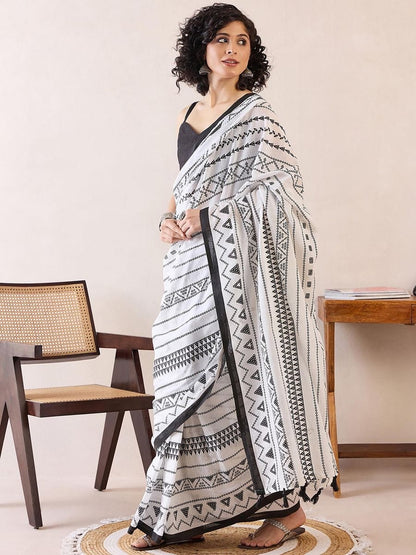 Precious White Color Printed Saree With Blouse