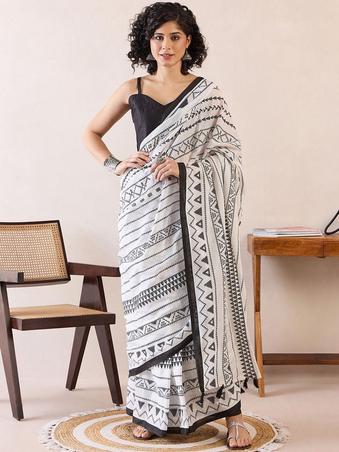 Precious White Color Printed Saree With Blouse