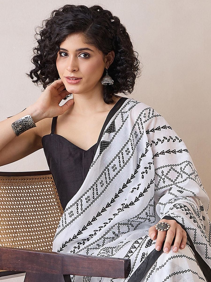 Precious White Color Printed Saree With Blouse
